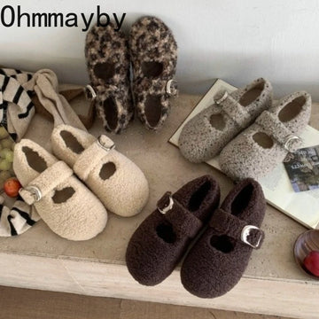 Warm Cotton Women Flats Shoes Comfort Soft Sole Short Plush Mary Jane Shoes Outdoor Grandma's shoes For Autumn Winter 2026