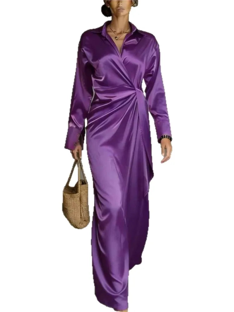 Spring Autumn New Style Satin Long-sleeved Shirt Women's Dress Fashion Waist Pleated Irregular Elegant Female Office Dress 2026