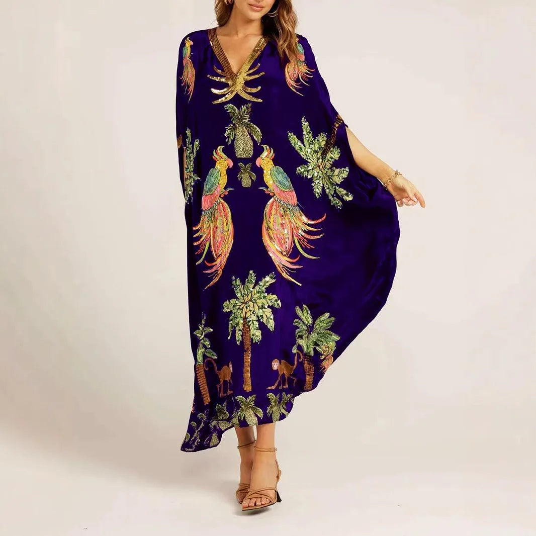 New Spring V-neck Vestidos A-line Dress Fashion Animal Pattern Printed Loose Dress Retro Women's Dress Vetement Femme