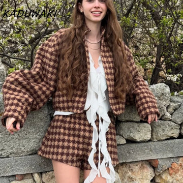 KADUWAKI Spring Retro Plaid Women Casual Chic Full Sleeve Zipper Jacket High Waist Pockets Shorts Lady Office Suit Commute 2pcs