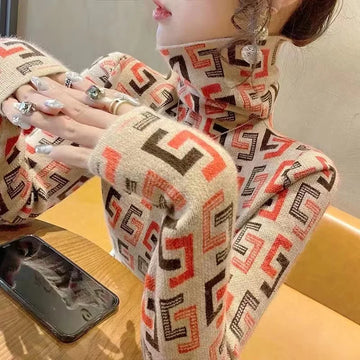 Autumn Winter Vintage Chic Geometric Turtleneck Sweaters Women Clothing Casual All-match Long Sleeve Knit Pullovers Fashion Tops
