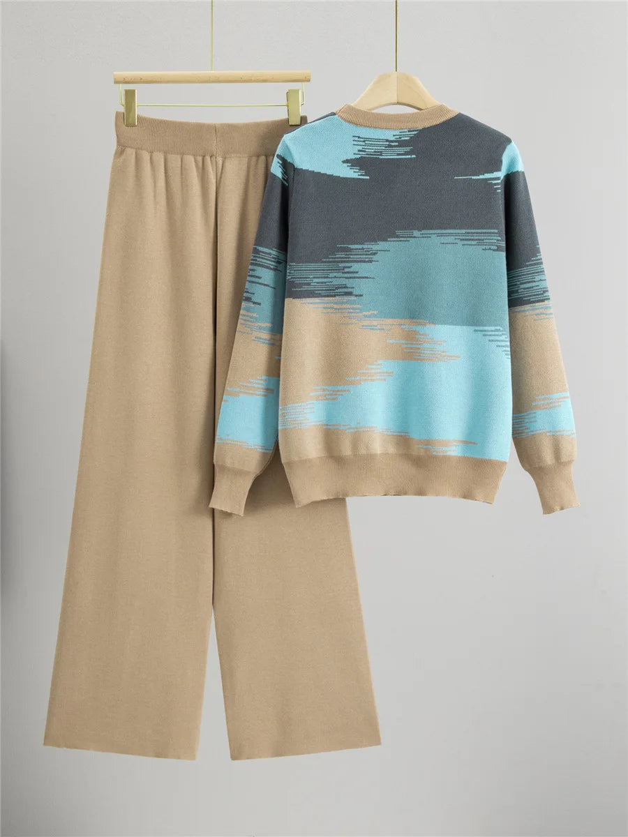 Patchwork Design Knitted 2 Piece Sets Women O-neck Knitwears Sweater Pullover Tops Conjuntos High Waist Straight Pants Outfit