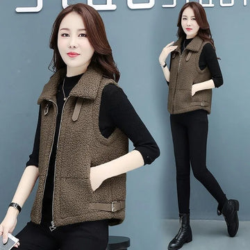 Solid Color Zipper Cardigan Sleeveless Versatile Vest Jacket Western Style Autumn and Winter Top