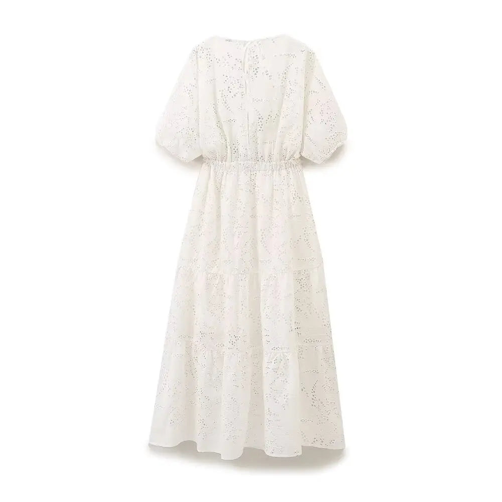 Women's Dress Fashion Solid Color Bow Decoration Hollow Embroidery Style Summer New Dress