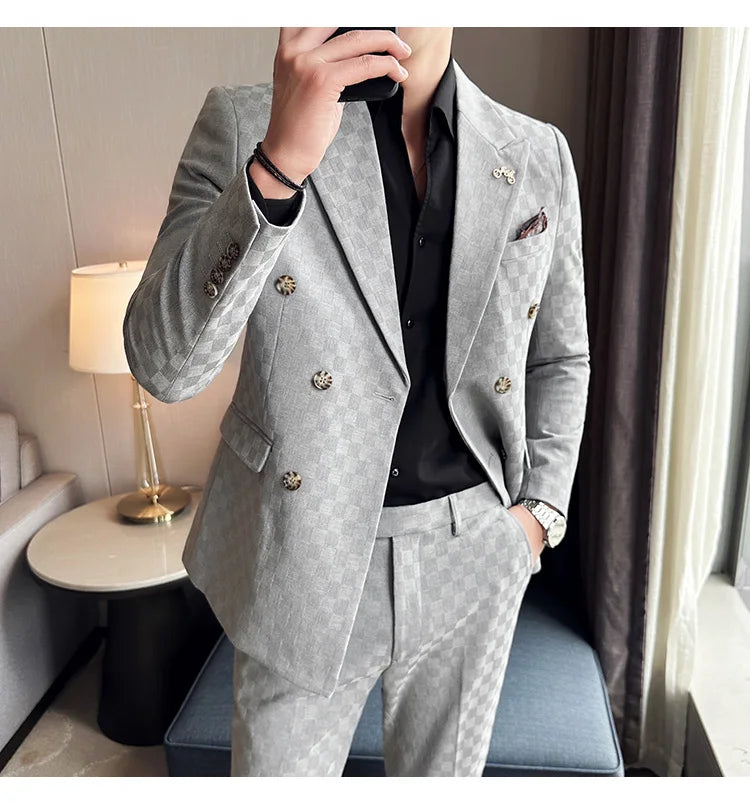 (Jacket+Pants) 2 Pieces Blue Apricot Business Party Men Suits Double Breasted Formal Style Custom Made Wedding Groom Tuxedos