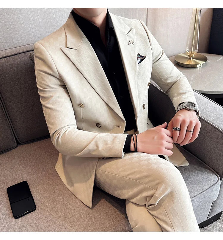 (Jacket+Pants) 2 Pieces Blue Apricot Business Party Men Suits Double Breasted Formal Style Custom Made Wedding Groom Tuxedos