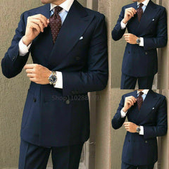 2024 New Custom Double Breasted Dark Blue Men Suits Casual Male Blazers Slim Fit Groomsmen 2 Pieces Costume Men Clothing