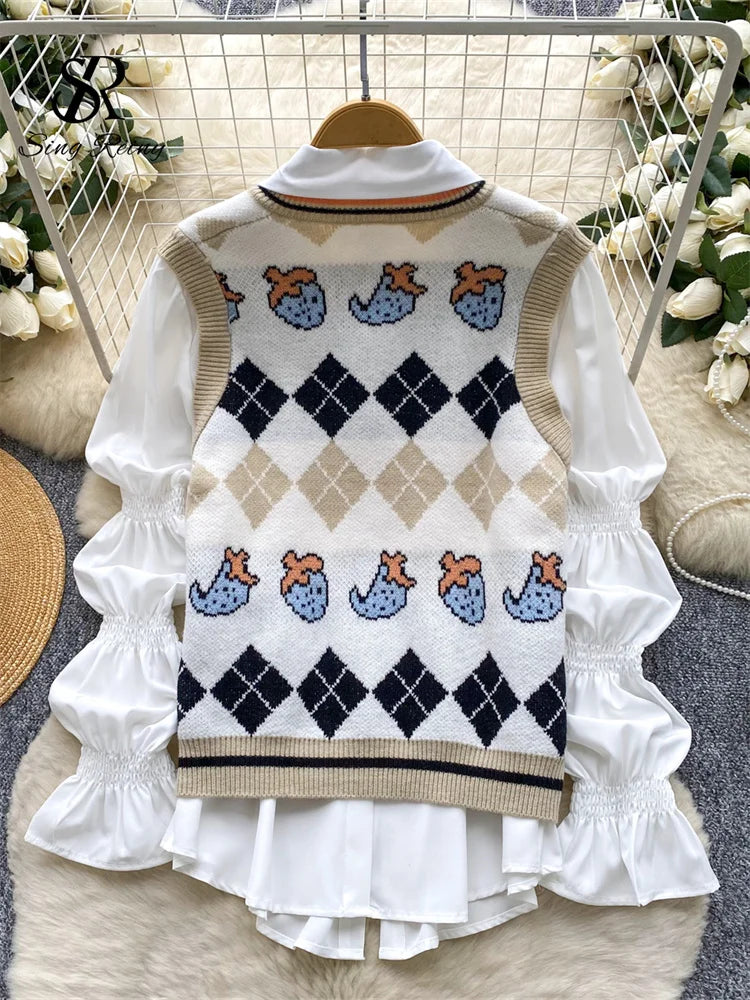 SINGREINY Autumn Argyle Knitting Tops Puff Sleeves Lapel Blouse+V Neck Sleeveless Sweater Pullover Ladies Chic Casual 2Pcs Sets