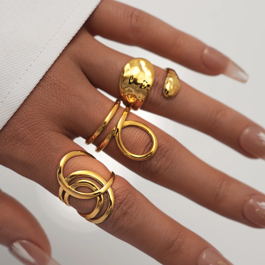 Stainless Steel Geometric Hollow Layered Wide Ring Metal Texture Waterproof Daily Simple Stylish Golden Jewelry for Women