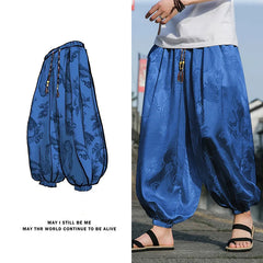 FGKKS 2023 Outdoor Brand Pants For Men Lce Silk Dragon Dark Flower Loose Bloomers High Quality Wide Leg Casual Pants Male