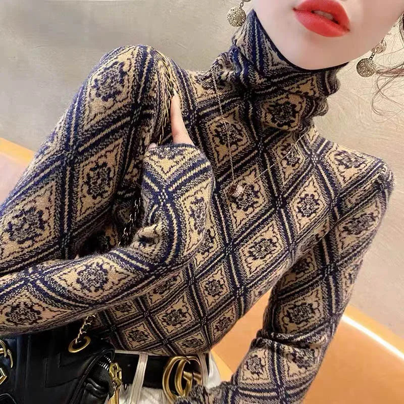 Women Clothing Fashion Turtleneck Argyle Knit Pullovers Autumn Winter Elegant Chic Slim Long Sleeve Sweaters Office Lady Y2K Top
