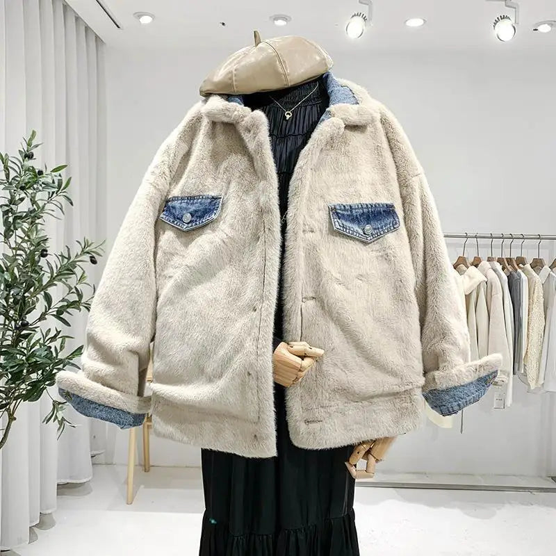 Jean Jacket Korean Winter Both Side Wear Thick Warm Lamb Velvet Denim Coat Single Breasted Buttons Patchwork Plush Outwear T470