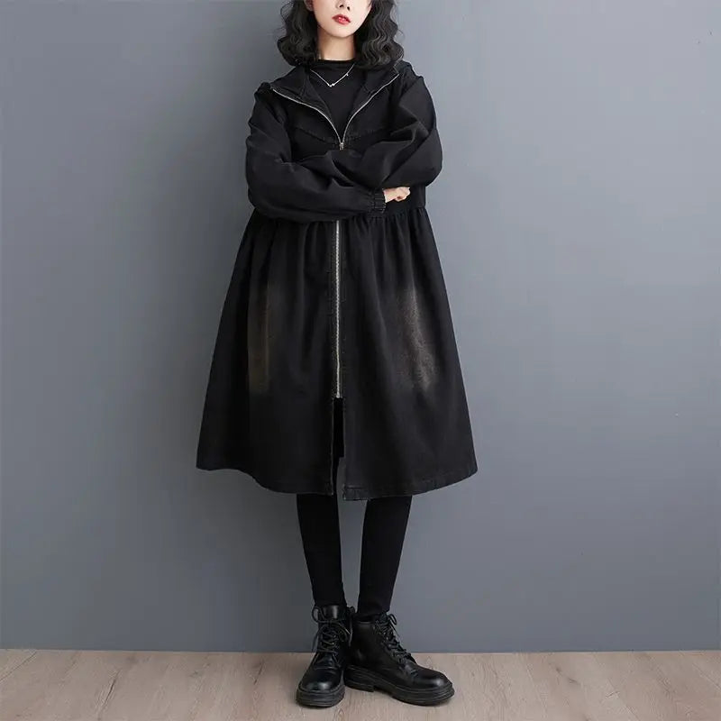 Vintage wash soft denim Windbreaker women 2025 new spring and autumn hooded long trench coat ladies loose casual overcoat R561