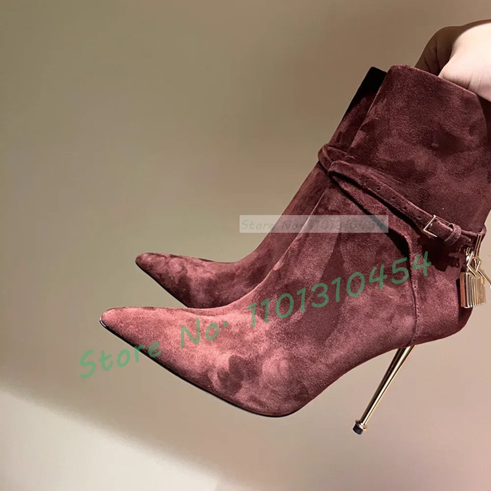 Crocodile Metal Heel Ankle Boots Women Trending Gold Lock Detail High Heels Shoes Office Lady Luxury Suede Leather Pointy Boots