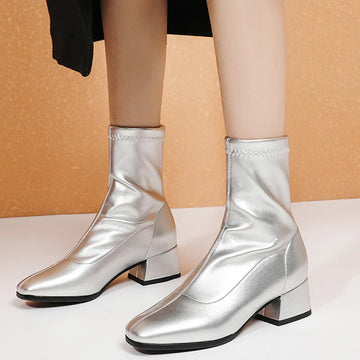 Classic White Ankle Boots for Women Low Heel Short Boot Lady Slip On Patent Leather Gold Silver Party Dance Shoes Autumn Winter