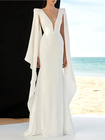 customized  Elegant Women's Deep V-Neck Maxi Dress With Flowing Sleeves Chic Formal Gown Prom Classic White Graceful