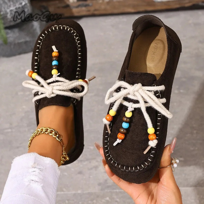 Women's Slip-On Loafers Soft Bottom Suede Leather Ethnic Style Flats Beaded Lace Up Casual Comfortable Footwear Autumn Shoes