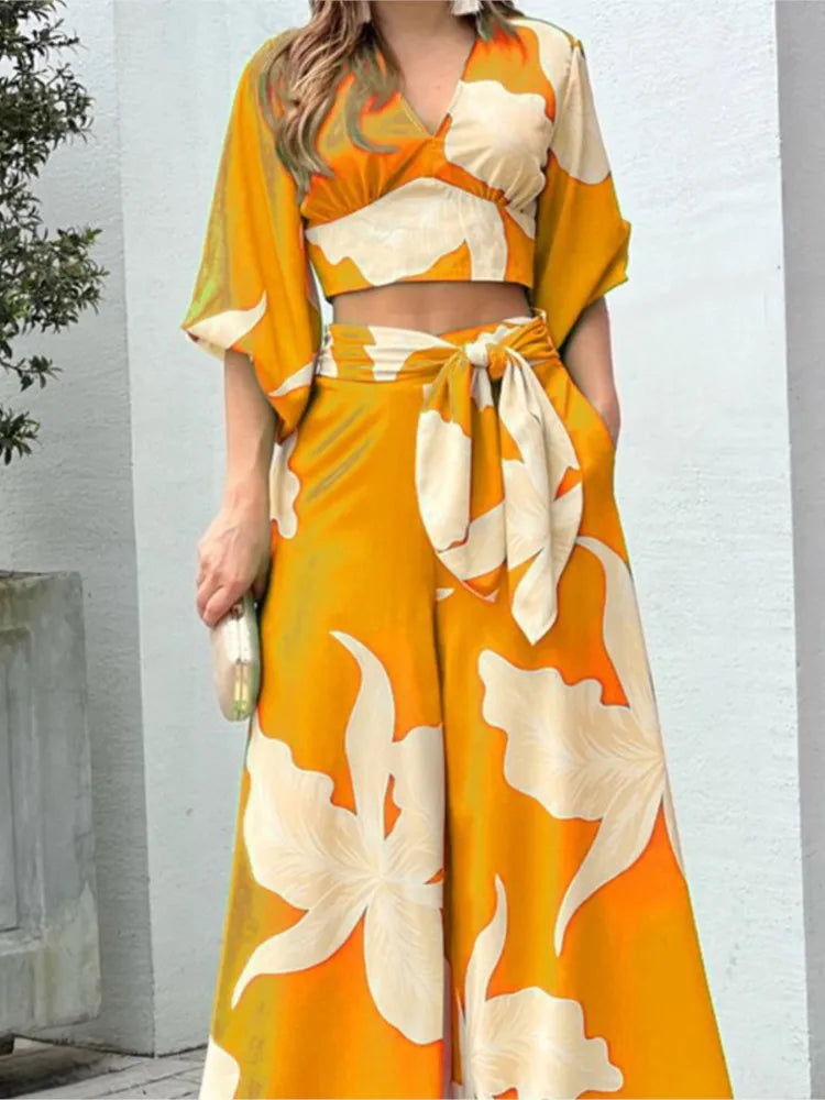 Women's Summer New Fashion Print Temperament Commuting High Waisted Sexy V-neck Exposed Waist Lace Up Casual Wide Leg Pants Set