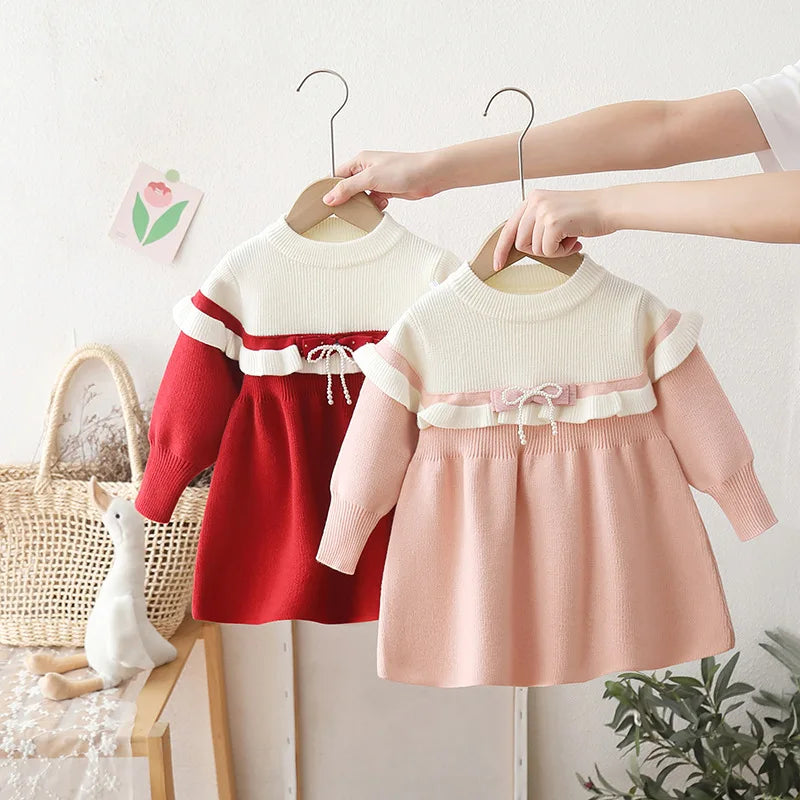 Winter Kids Girls Princess Dress Bow Bubble Sleeve Infant Babys Girls Dress Red Spliced Toddler Girls Dress 2-6Y Girl Knit Dress