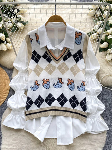 SINGREINY Autumn Argyle Knitting Tops Puff Sleeves Lapel Blouse+V Neck Sleeveless Sweater Pullover Ladies Chic Casual 2Pcs Sets
