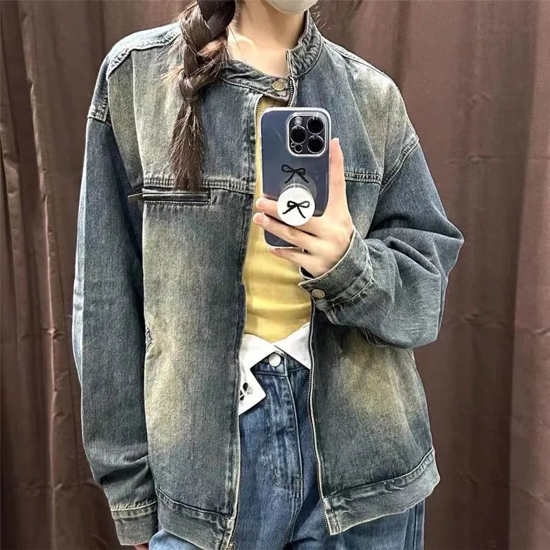 2025 Spring Autumn New Denim Jacket Women Tops Korean Loose Vintage Fashion O-Neck Students Jeans Coat Female Streetwear T1170