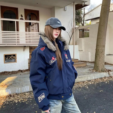 American New Vintage Embroidery Badge Letter Mountain Carving Cotton-padded Jacket Y2K Niche Padded Warm Jacket Men and Women