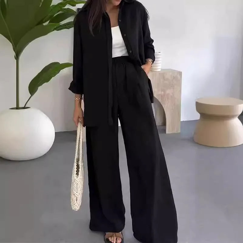2025 Autumn Solid Color Commute Two Piece Set Women Long Sleeve Shirt & Wide Leg Pants Outfit Chic Sexy Lapel Button Casual Suit