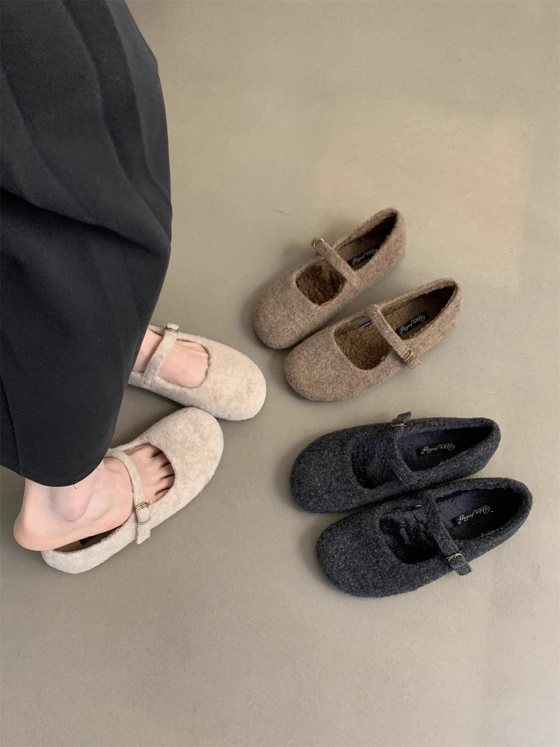 New Fashion Square Toe Fleece Flet Ballet Flats Woman Winter Warm Wool Mary Jane Shoes Ladies Brand Design Elegant Plush Loafers