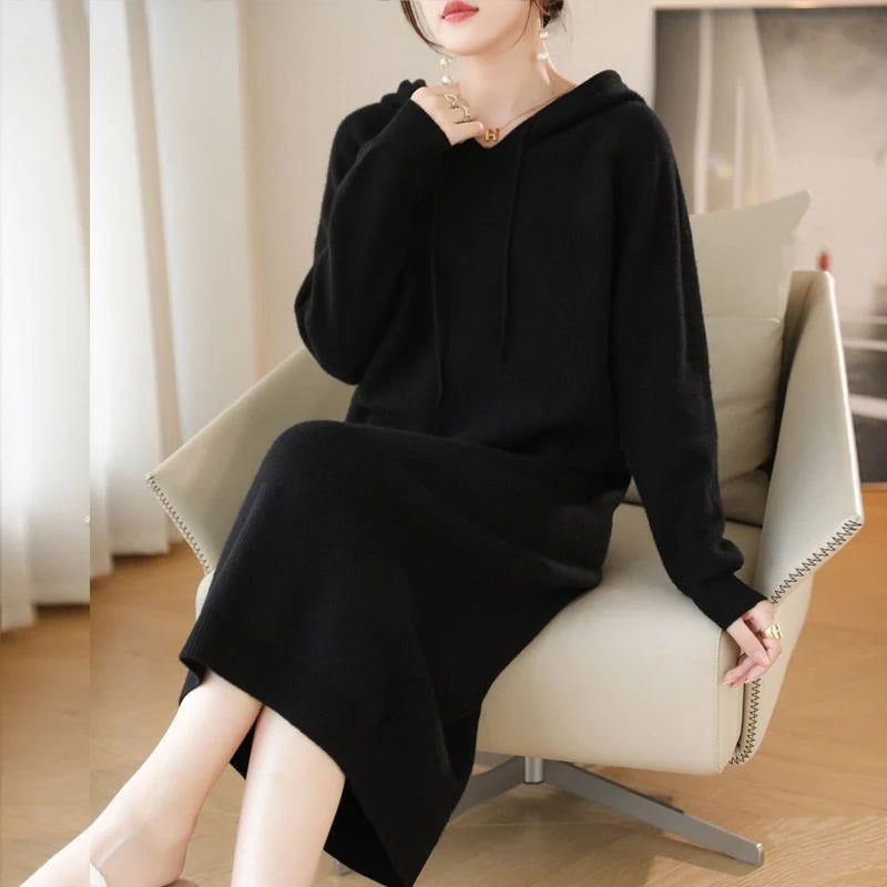 Autumn and winter new 100% pure cashmere dress padded knee-length sweater skirt casual loose hooded skirt.