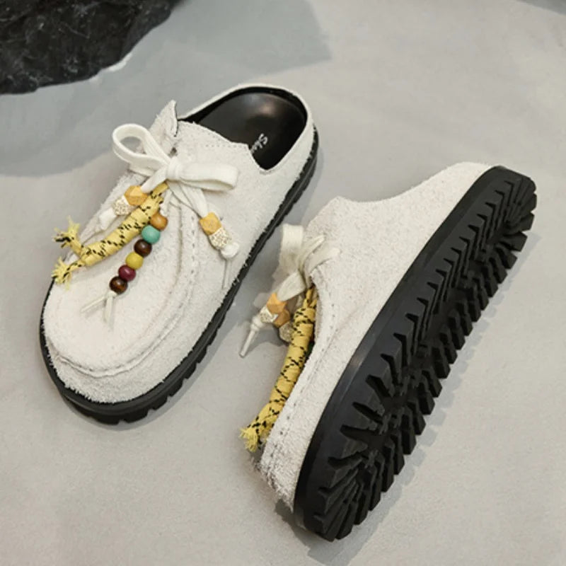 Designer Chunky Heel Platform Women Slippers Fashoin All Match Flat Heel String Bead Casual Mules Outdoor Runwy Single Shoes Ins