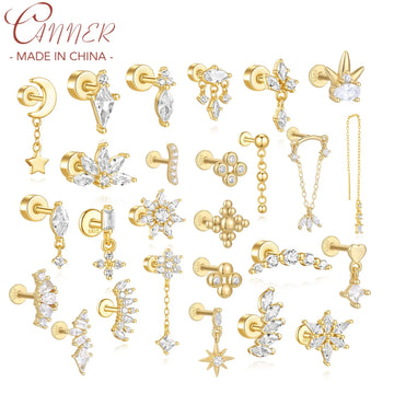 CANNER 1Pc 925 Silver Smooth Stars Moon Stud Earrings For Women 18K Gold Flat Head Threaded Puncture Ear Bone Ins Fine Jewelry