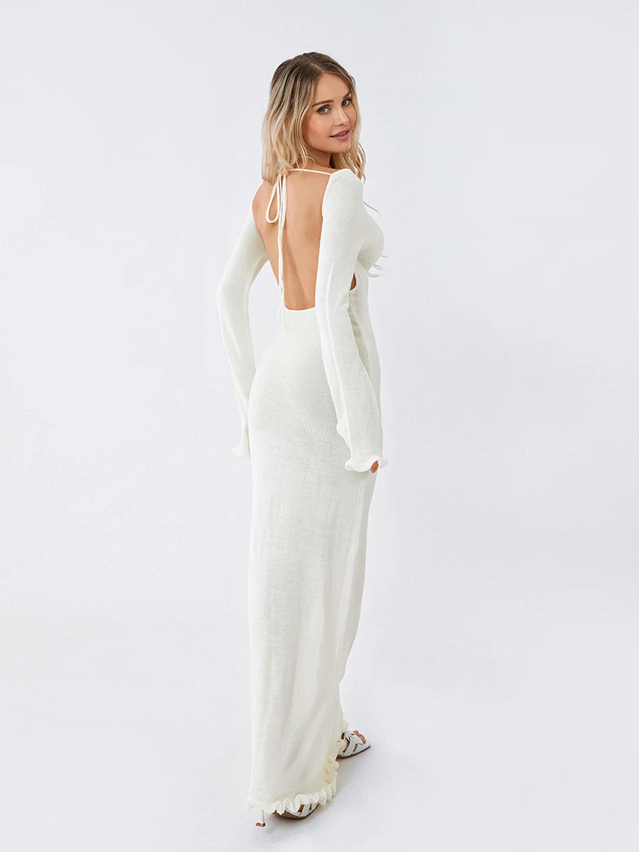 Women's Autumn Winter Knitted Bodycon Dress Long Sleeve Tie Backless Round Neck Solid Color Ruffle Trim Long Dress Beachwear