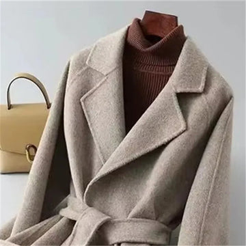 Autumn Winter New Double-Sided Woolen Coat Women Fashion Mid-Length Lace Up Slim Solid Color Wool Jacket Female Overcoat T1498