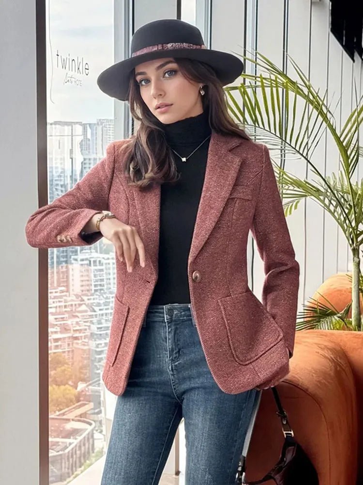 Autumn Winter New Chic Blazer Coats Women's Woolen Jackets Long Sleeve Notched Vintage Thick Outerwears Elegant Female Clothes