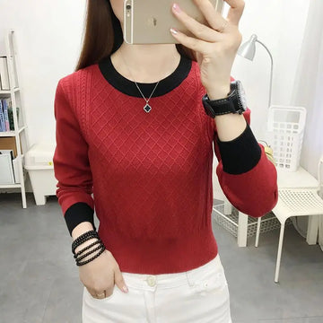 Lantern Long Sleeve Sweater Knitted Women's Clothing Casual Round Neck Autumn Winter Contrast Color Comfortable Korean Tops