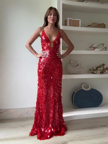 2025 Glitter Sequins Spaghetti Straps Women's Evening Dress Sleeveless Backless High Waist Floor Length Lady Birthday Party Gown