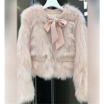 Winter new pink fox hair short coat women jacket Fashion O-Neck pullover Long sleeve Tassel furry tops Female loose Outwear T782