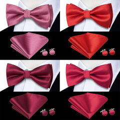 Hi-Tie Silk Mens Bow Tie Hanky Cufflinks Set Rose Red Burgundy Maroon Pre-tied Butterfly Knot Bowtie for Male Wedding Business