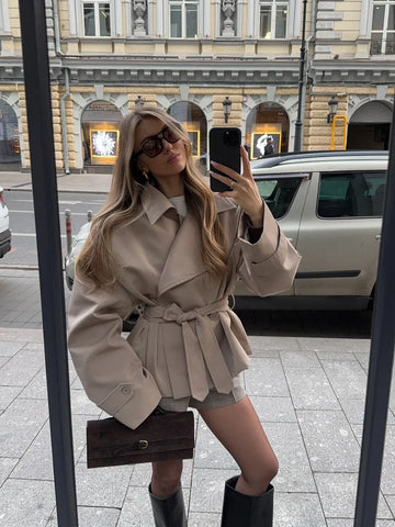 Casual Solid Lace Up Short Trench Coat Women Chic Long Sleeve Wide Shoulder Loose Windbreaker 2026 Spring Lady Street Outerwear