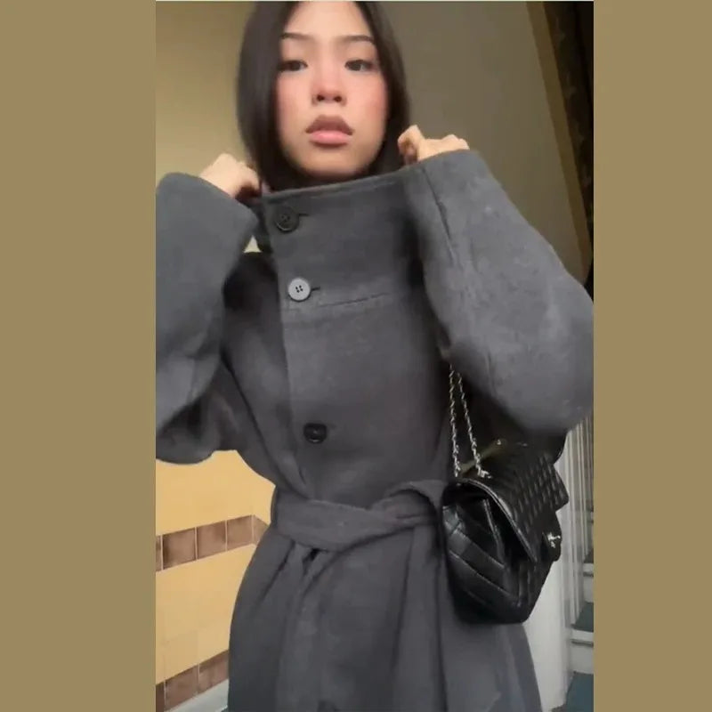 Women's Elegant Long Woolen Coat Chic Casual Stand Collar Lace-up High Quality Overcoat 2025 Winter Daily Commuting Outerwear