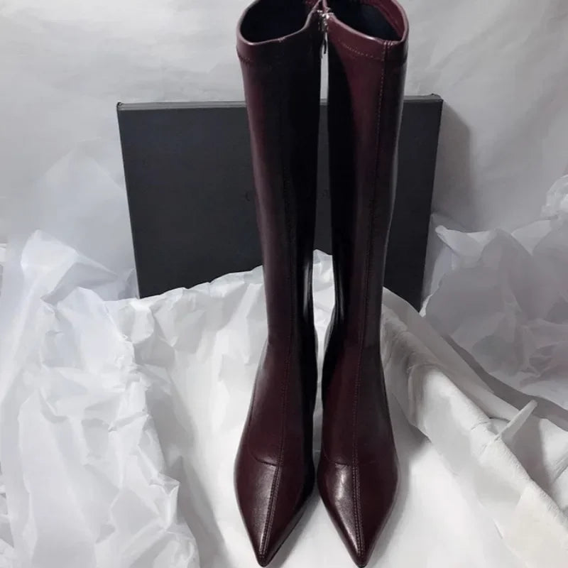 Elegant High Heels Women High Boots Leather Pointed Toe Fashion Shoes 2025 Winter Trend Designer Knee High Pumps Botas De Mujer