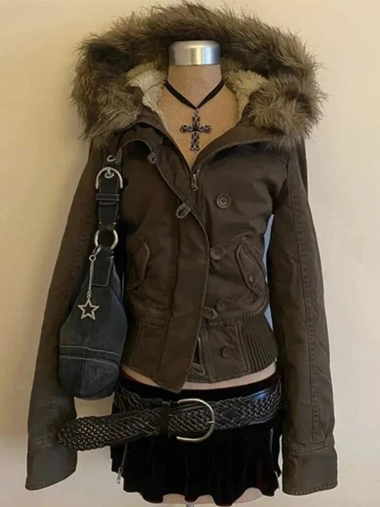 Subculture Harajuku Vintage Safari Coats with Hooded Women Zipper Sweatshirts Casual Streetwear Grunge Jacket Y2k Stand Neck