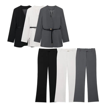 DiYiG  Women 2025 Autumn New Fashion with Belt Decoration Long Sleeve All-match Suit Jacket Zipper Straight Pants  Mujer