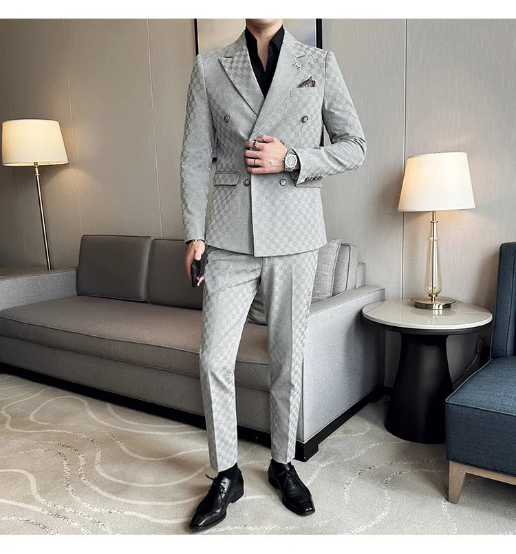 (Jacket+Pants) 2 Pieces Blue Apricot Business Party Men Suits Double Breasted Formal Style Custom Made Wedding Groom Tuxedos