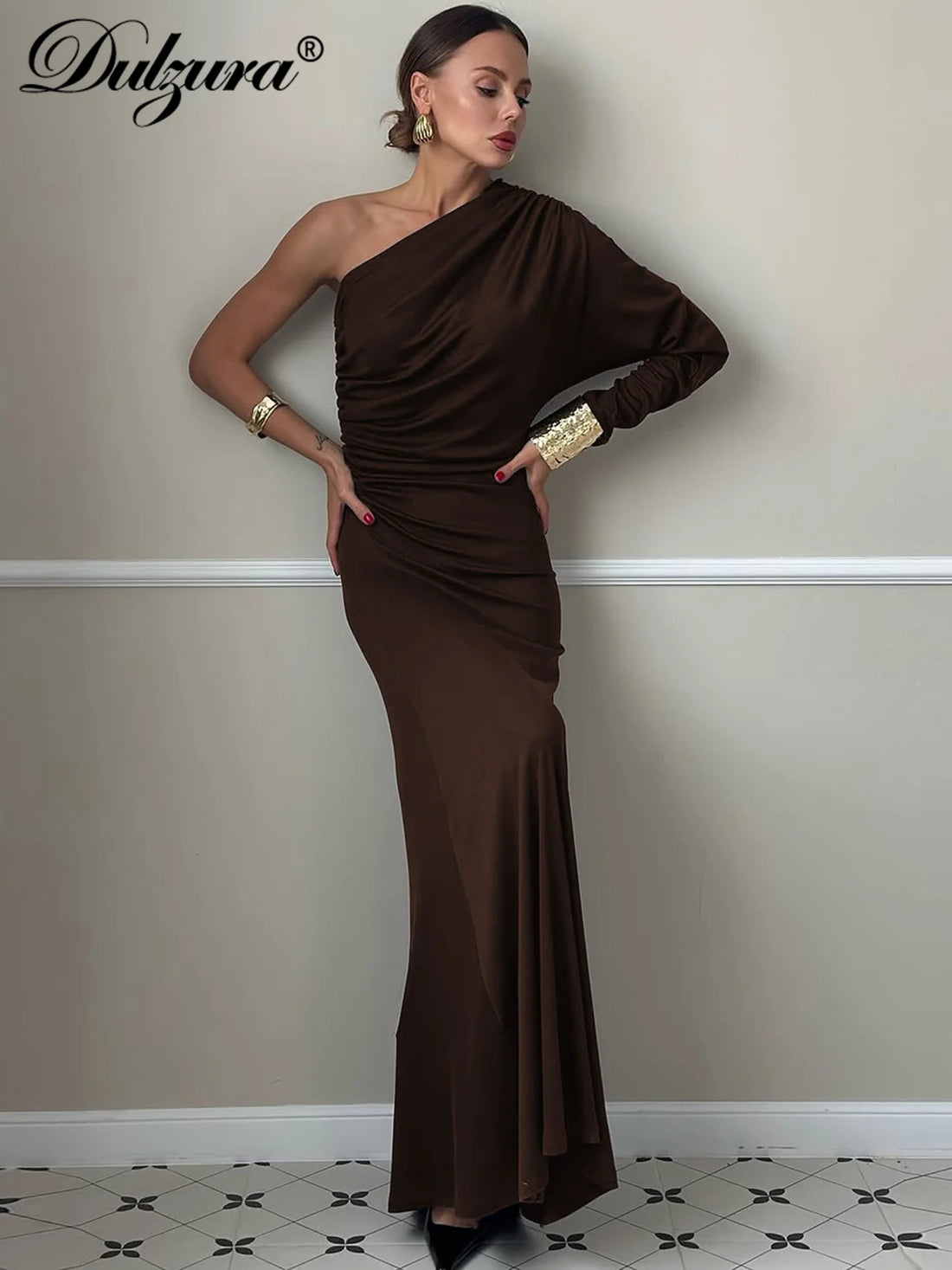 Dulzura One-Shoulder Long Sleeve Slim Fit Ruched Long Dress Women'S Solid Sexy Elegant Clothes Evening Party Club Autumn Clothes