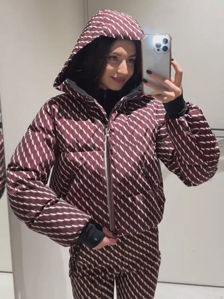 Y2k Print Ski Coat Pants Women Set Fashion Long Sleeve Hoody Pocket Zippers Jacket Wide Leg Trousers 2026 Spring Lady Outfit