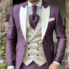 Elegant Wedding 3 Piece Jacket Pants Vest Full Set Luxury Single Breasted Peak Lapel Purple Male Clothing Men's Suits Blazer