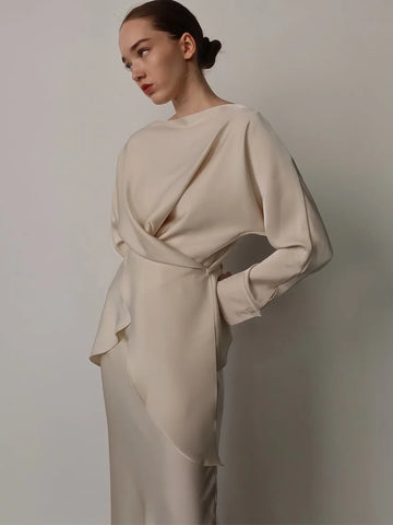 Parc Fee Fashion Loose Apricot Satin Skirts Set 2 Piece Woman 2025 Elegant Long Sleeve Dress With High Waist Long Skirt Set