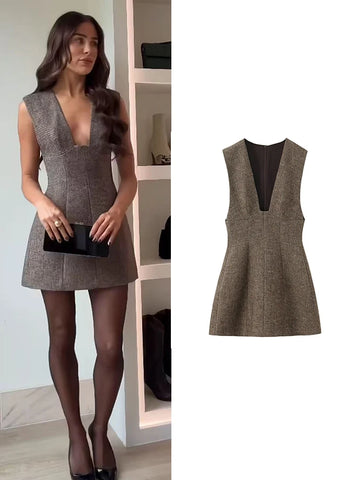 TFMLN Women's Sleeveless Dress Autumn Winter New Style Elegant Deep V-Neck Thick Mini Dress Sexy Fashionable Ladies Clothes