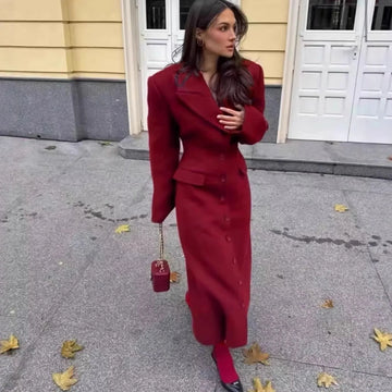 Women's Simple Woolen Coat Autumn Winter Fashion Lapel Single-Breasted Woolen Jacket Shoulder Pads Commuter Blend Outwear